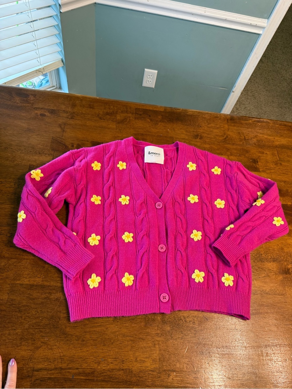 &merci Hot Pink Cable Knit Cardigan Sweater Yellow 3D Flower Applique Small